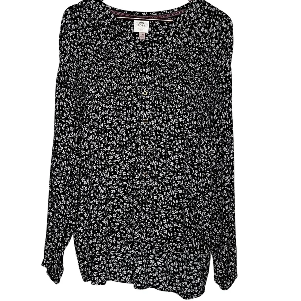 Knox Rose Black Floral Print Long Sleeve Peasant Style Top Hi-L Womens Size XXL - Picture 1 of 12